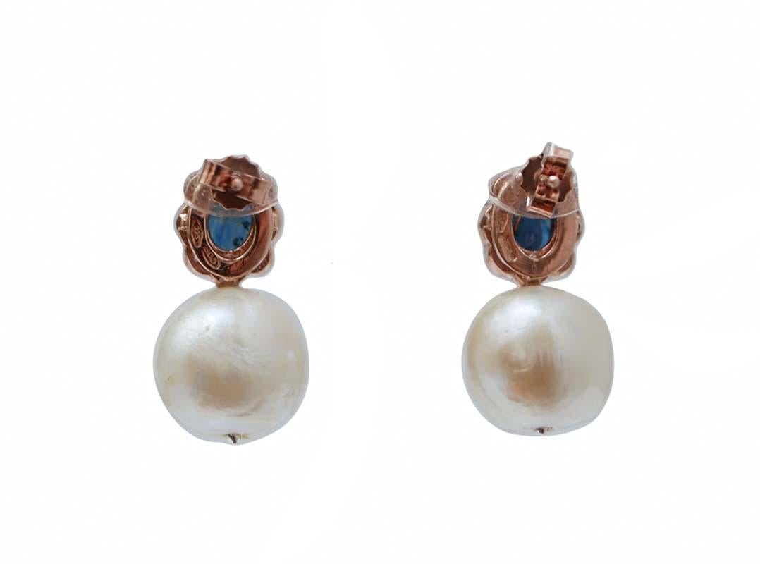 Retro Pearls, Sapphires, Diamonds, Rose Gold and Silver Earrings. For Sale
