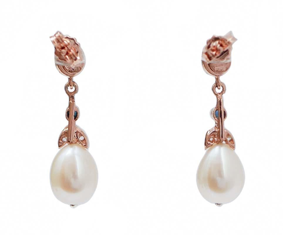 Rétro Perle, zaffiri, diamanti, orecchini in oro rosa e argento. in vendita