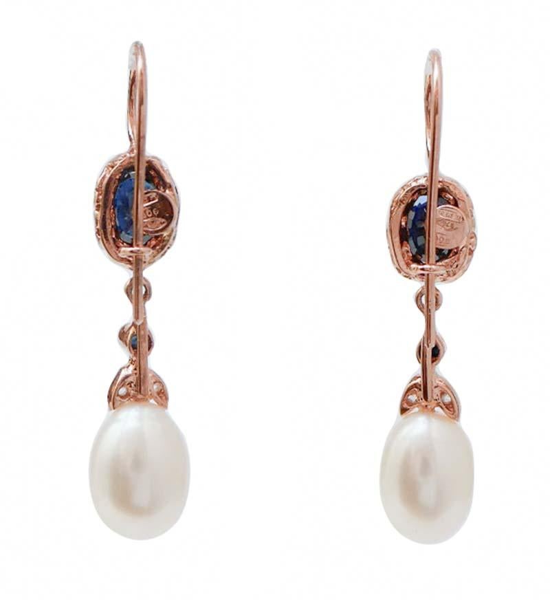 Pendientes de perlas, zafiros, diamantes, oro rosa y plata Retro en venta