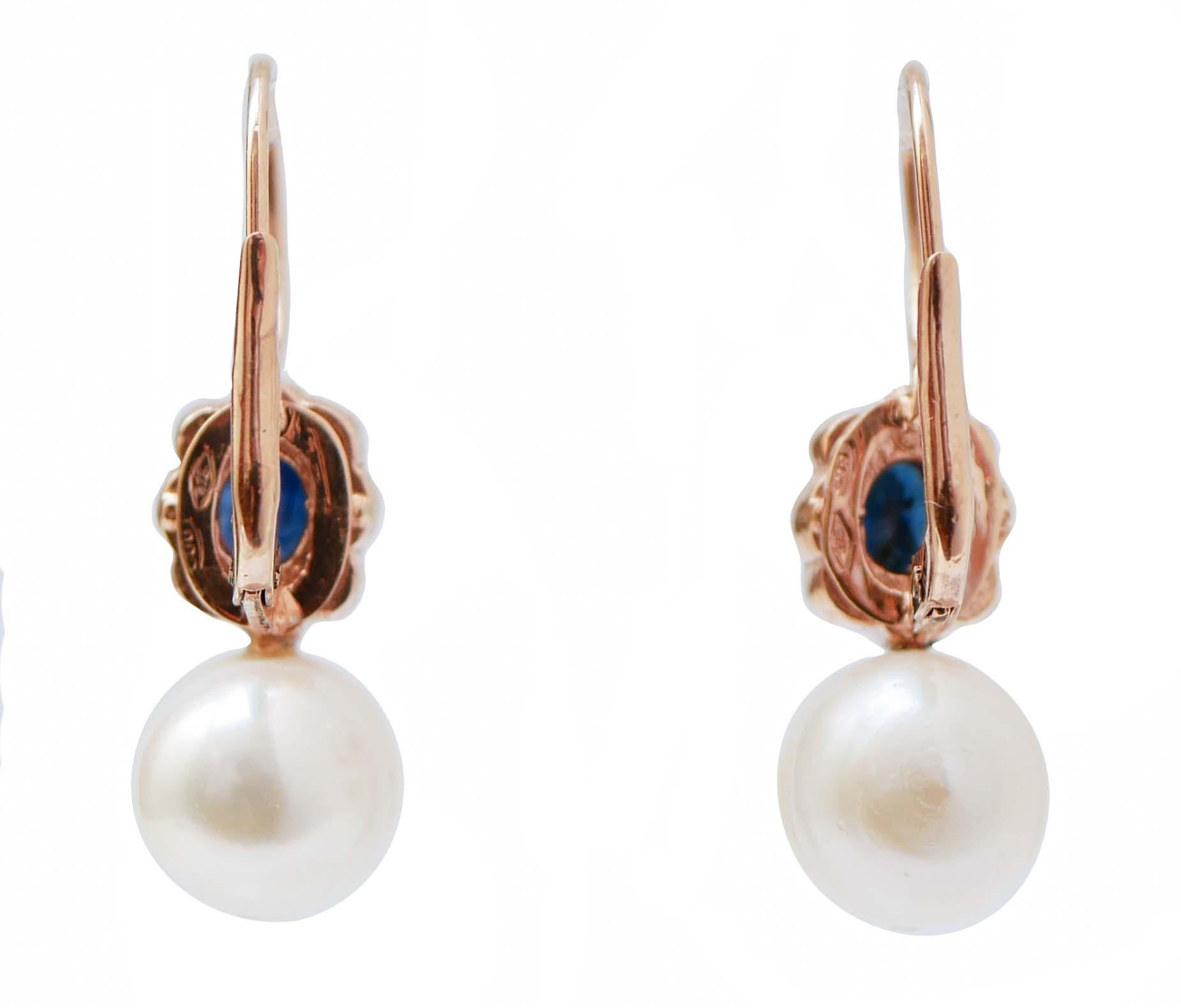 Mixed Cut Pearls, Sapphires, Diamonds, Rose Gold and Silver Earrings. For Sale
