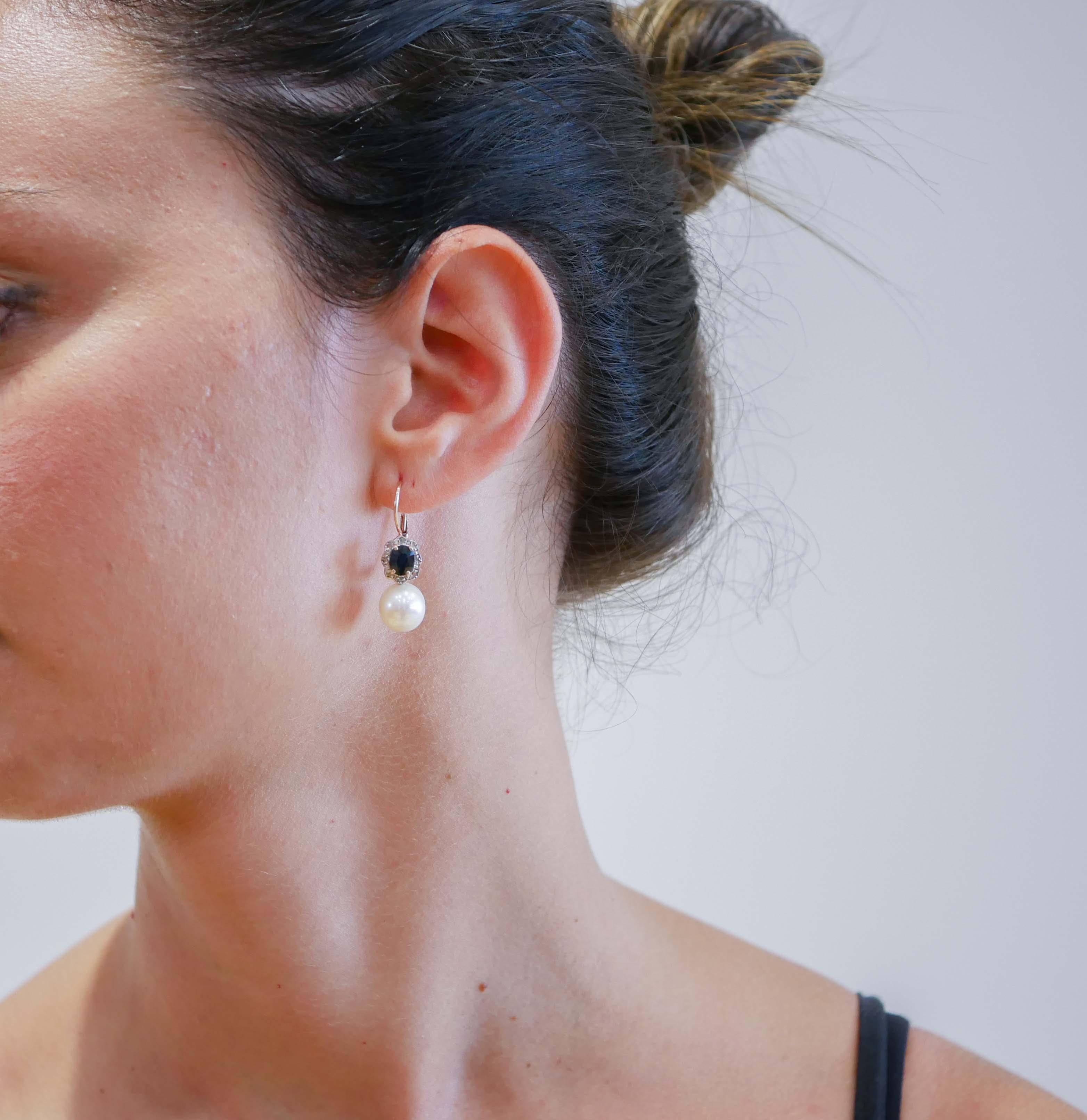 Pearls, Sapphires, Diamonds, Rose Gold and Silver Earrings. In Good Condition For Sale In Marcianise, Marcianise (CE)