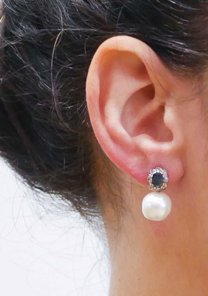 Pearls, Sapphires, Diamonds, Rose Gold and Silver Earrings. In Good Condition For Sale In Marcianise, Marcianise (CE)