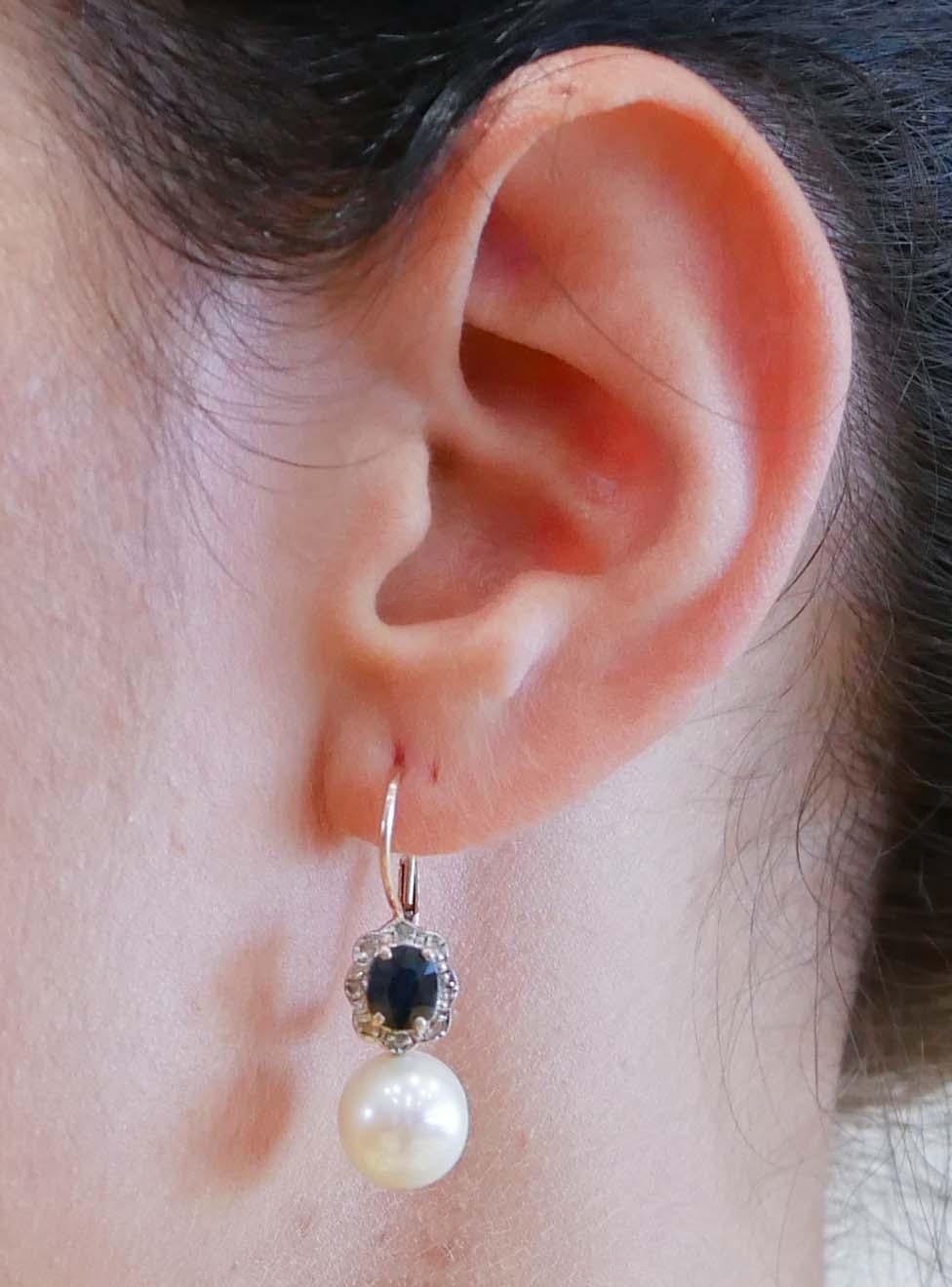 Women's Pearls, Sapphires, Diamonds, Rose Gold and Silver Earrings. For Sale