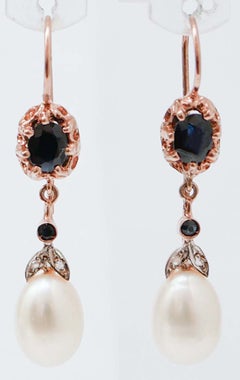 Pendientes de perlas, zafiros, diamantes, oro rosa y plata