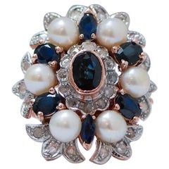 Pearls, Sapphires, Diamonds, Rose Gold and Silver Ring.