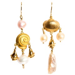 Pearls Shells Yellow Gold 18 Karat Dangle Drop Earrings