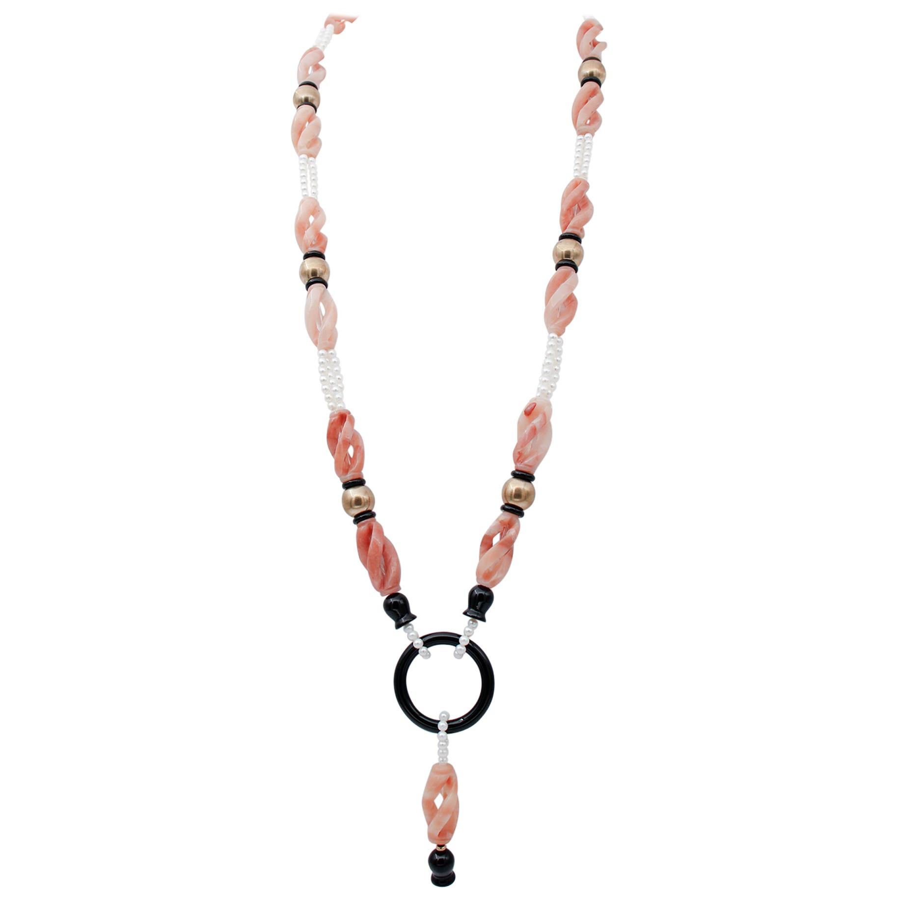Perlen, Steine, Retrò-Halskette aus 9 Karat Roségold