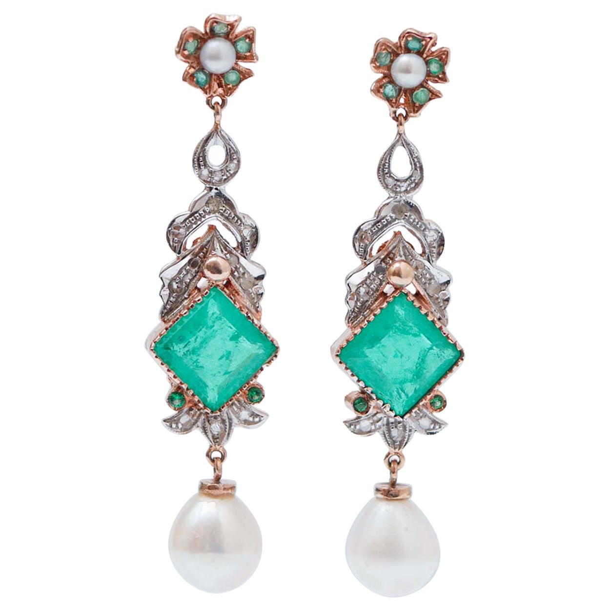 Pearls, Stones, Spinel, Diamonds, Emeralds, Rose Gold and Silver Earrings.