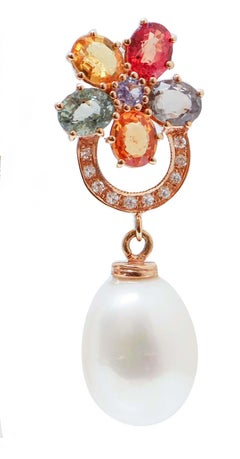 Pearls, Tanzanite, Multicolor Sapphires, Diamonds, 14 Karat Rose Gold Earrings.