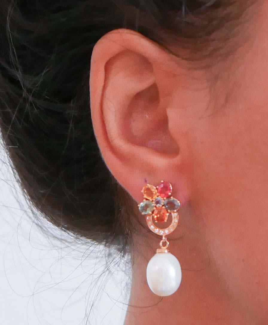 Pearls, Tanzanite, Multicolor Sapphires, Diamonds, 14 Karat Rose Gold Earrings. In Good Condition For Sale In Marcianise, Marcianise (CE)