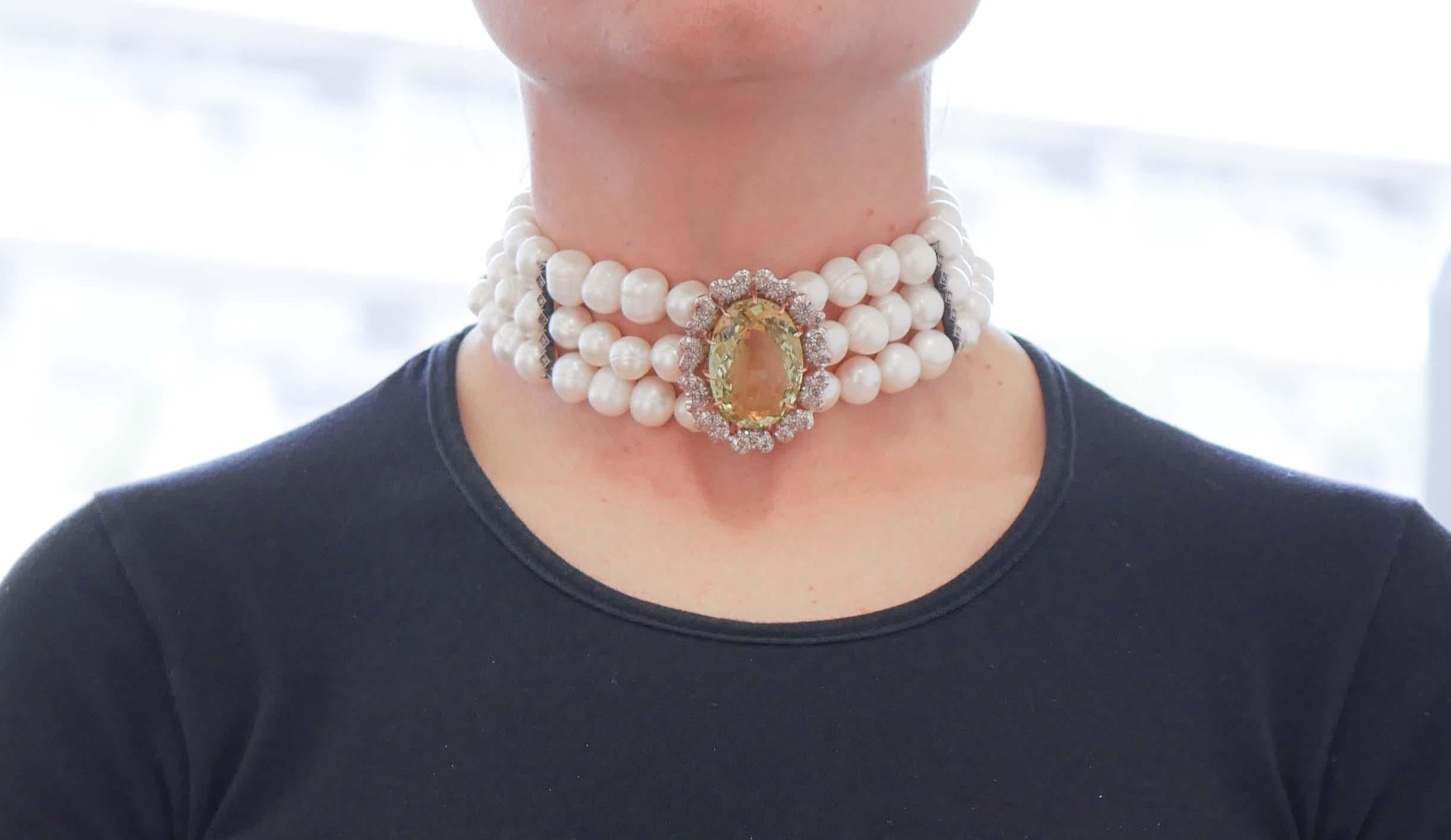 Choker-Halskette aus Roségold und Silber mit Perlen, Topas, Diamanten (Gemischter Schliff) im Angebot