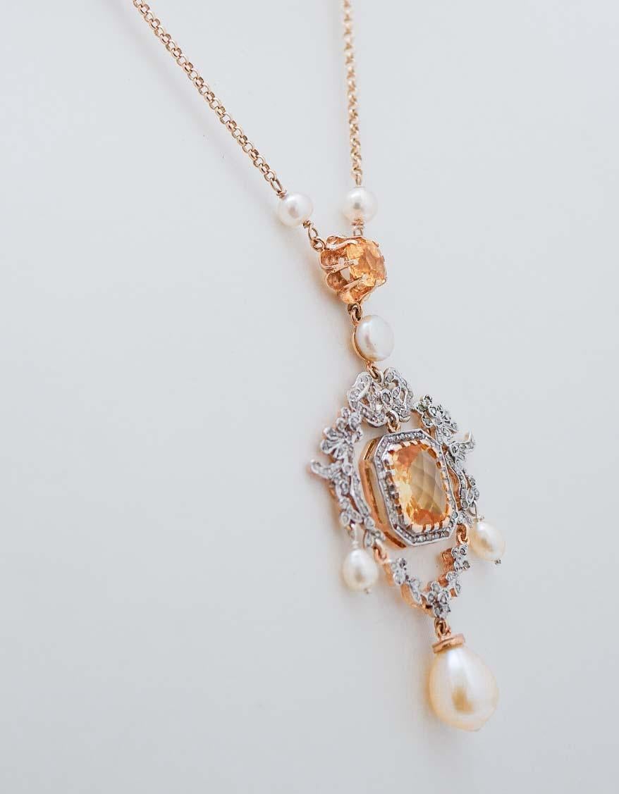Rétro Collier à pendentifs en perles, topaze, diamants, or rose et argent. en vente
