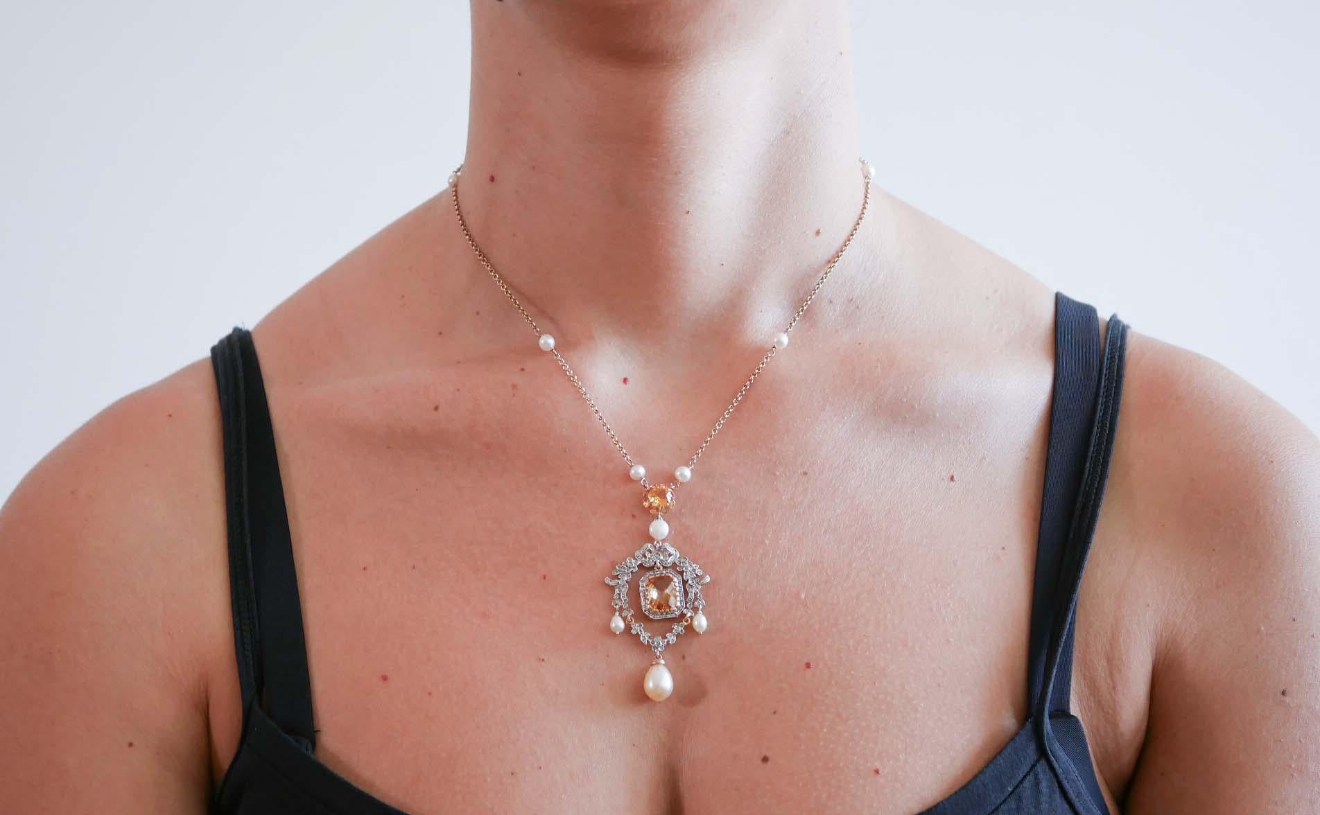 Collier à pendentifs en perles, topaze, diamants, or rose et argent. Bon état - En vente à Marcianise, Marcianise (CE)