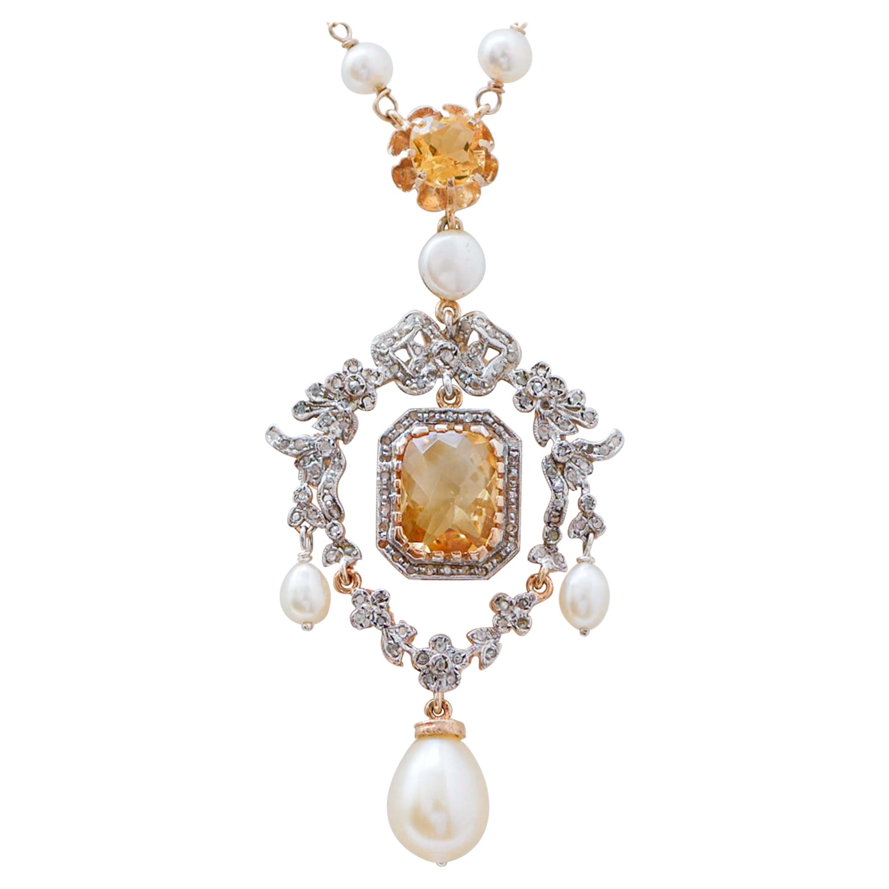 Collana con perle, topazio, diamanti, oro rosa e argento. in vendita