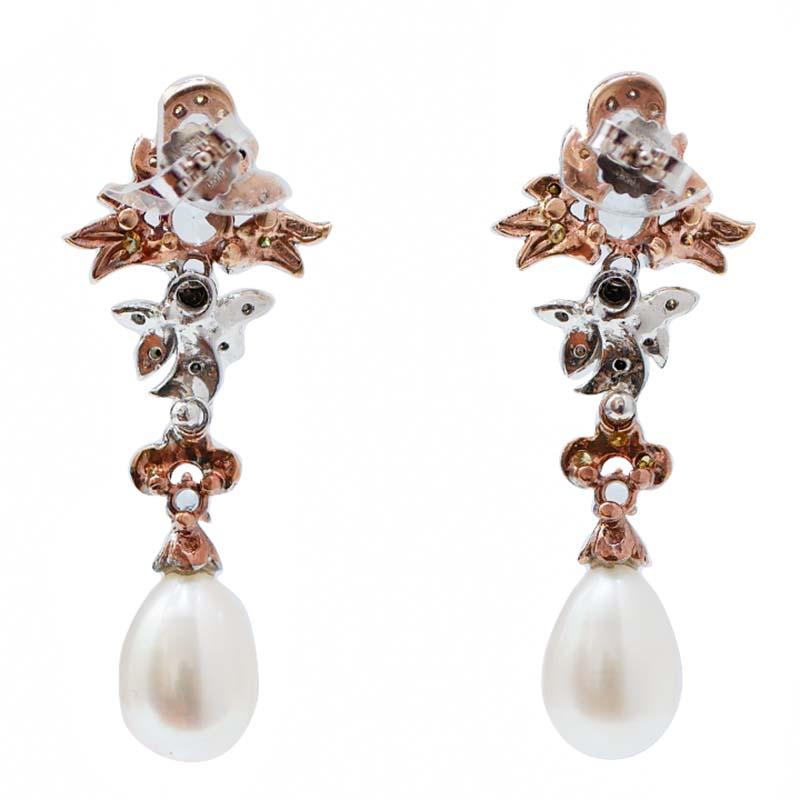 Pearls, Topazs, Black and Fancy Diamonds, 14 Kt Rose Gold and White Gold Earring Retro en venta