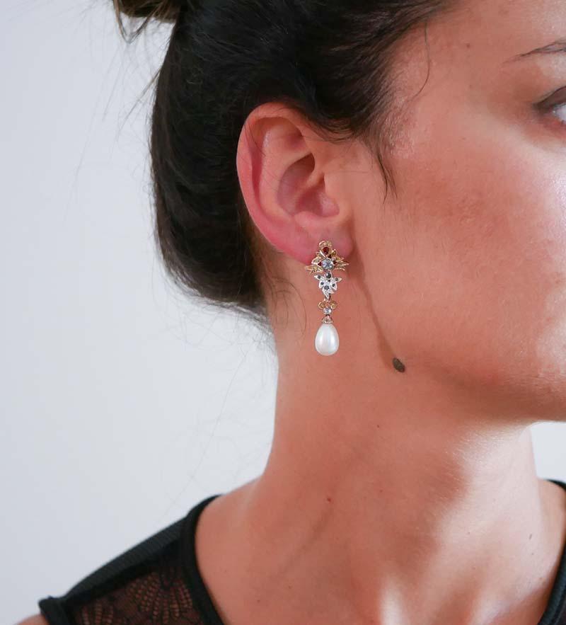 Pearls, Topazs, Black and Fancy Diamonds, 14 Kt Rose Gold and White Gold Earring Corte mixto en venta