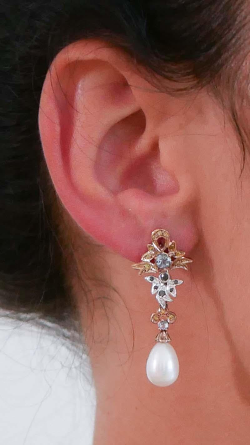 Pearls, Topazs, Black and Fancy Diamonds, 14 Kt Rose Gold and White Gold Earring en Bueno estado para la venta en Marcianise, Marcianise (CE)