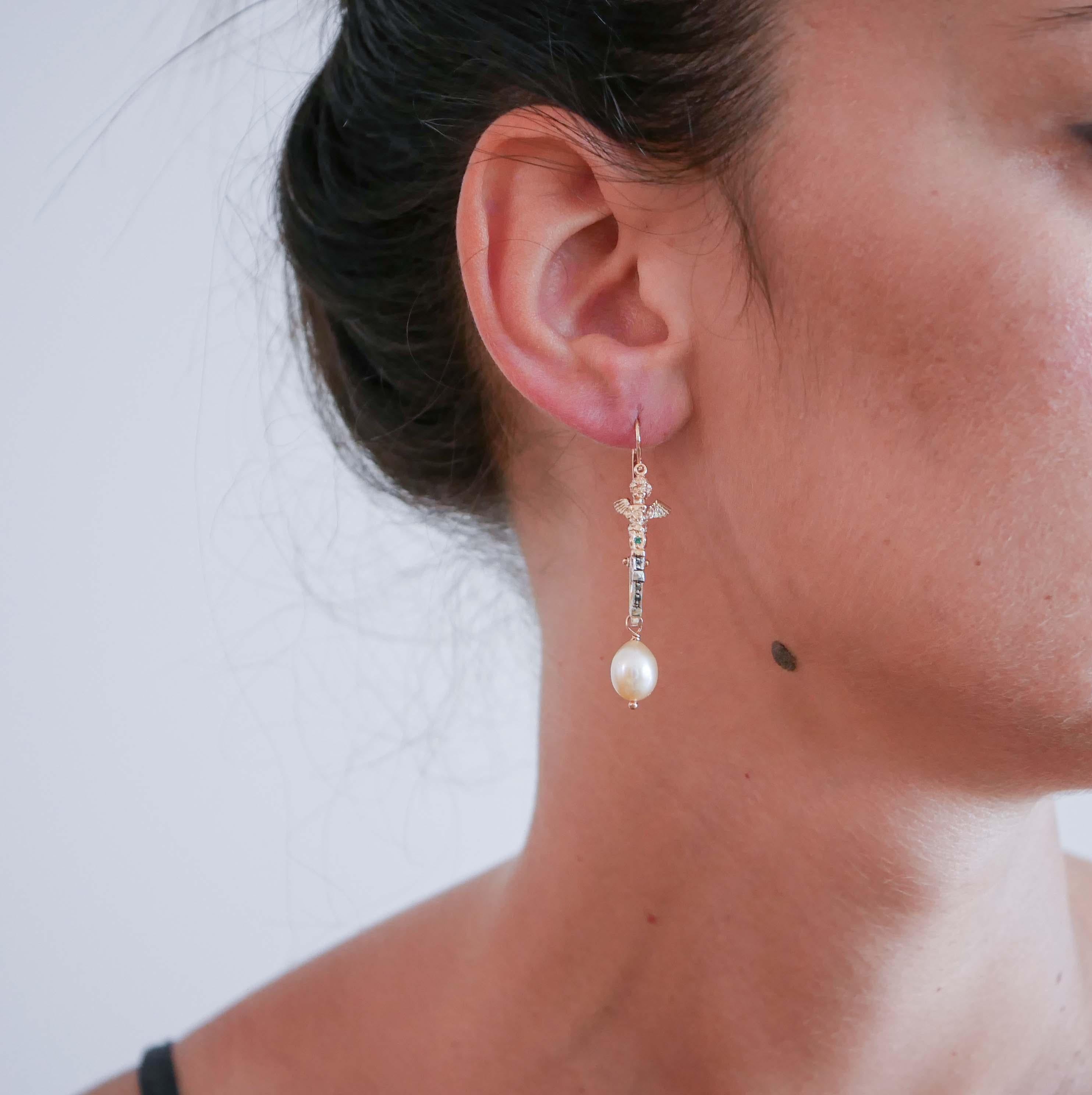 Pearls,  Tsavorite, Diamonds, Rose Gold and Silver Earrings. In Good Condition For Sale In Marcianise, Marcianise (CE)