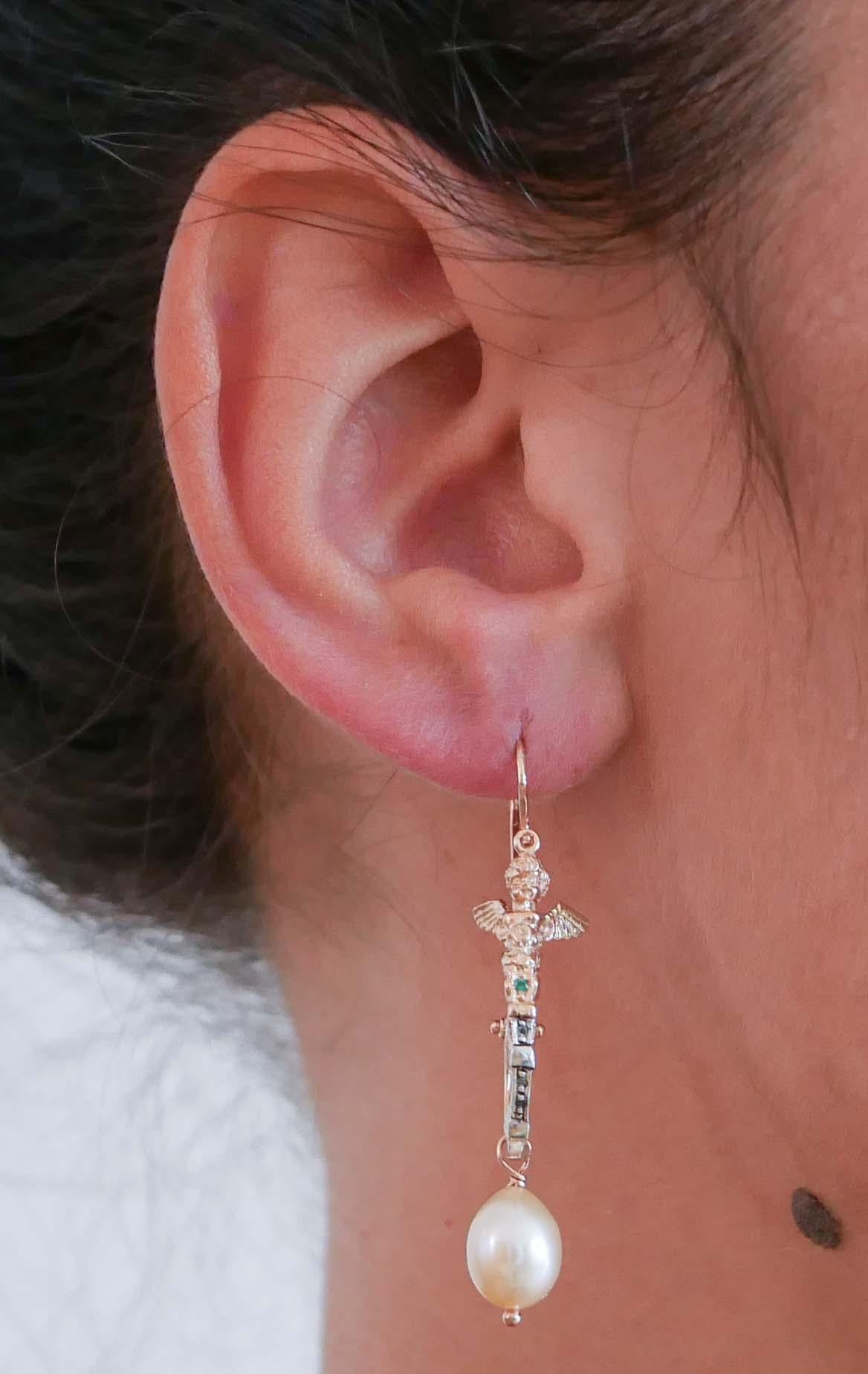 Women's Pearls,  Tsavorite, Diamonds, Rose Gold and Silver Earrings. For Sale