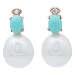 Pearls, Turquoise, Diamonds, 14 Karat Rose Gold Big Earrings