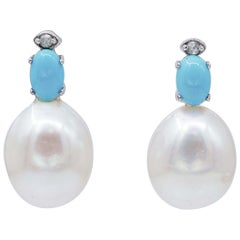 Pearls, Turquoise, Diamonds, 14 Karat White Gold Earrings