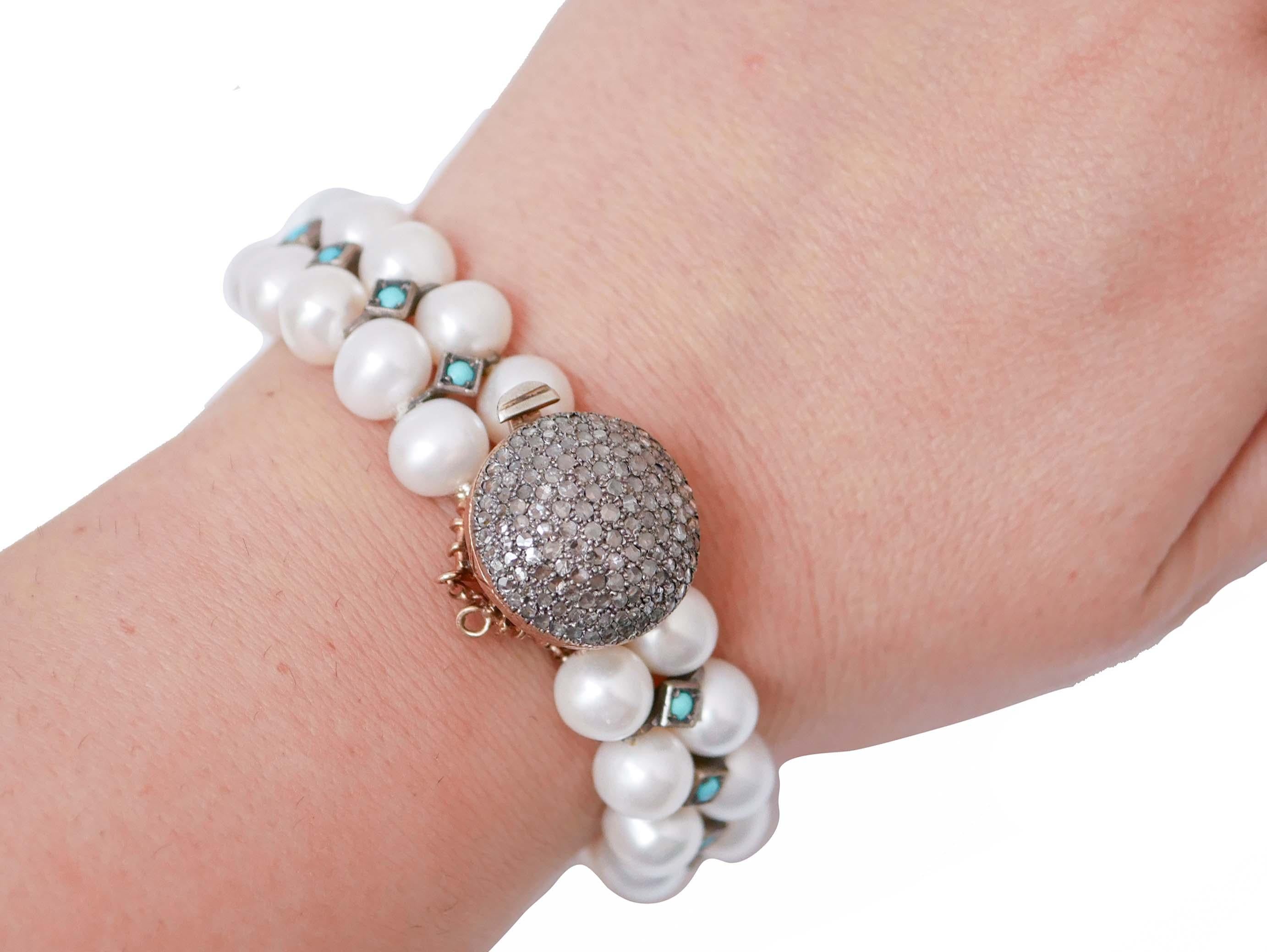 Pearls, Turquoise, Diamonds, Rose Gold and Silver Bracelet. In Good Condition For Sale In Marcianise, Marcianise (CE)