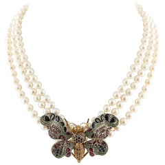 Vintage Pearls Tzavorite Diamonds Rubies Sapphires Rose Gold Silver Butterfly Necklace