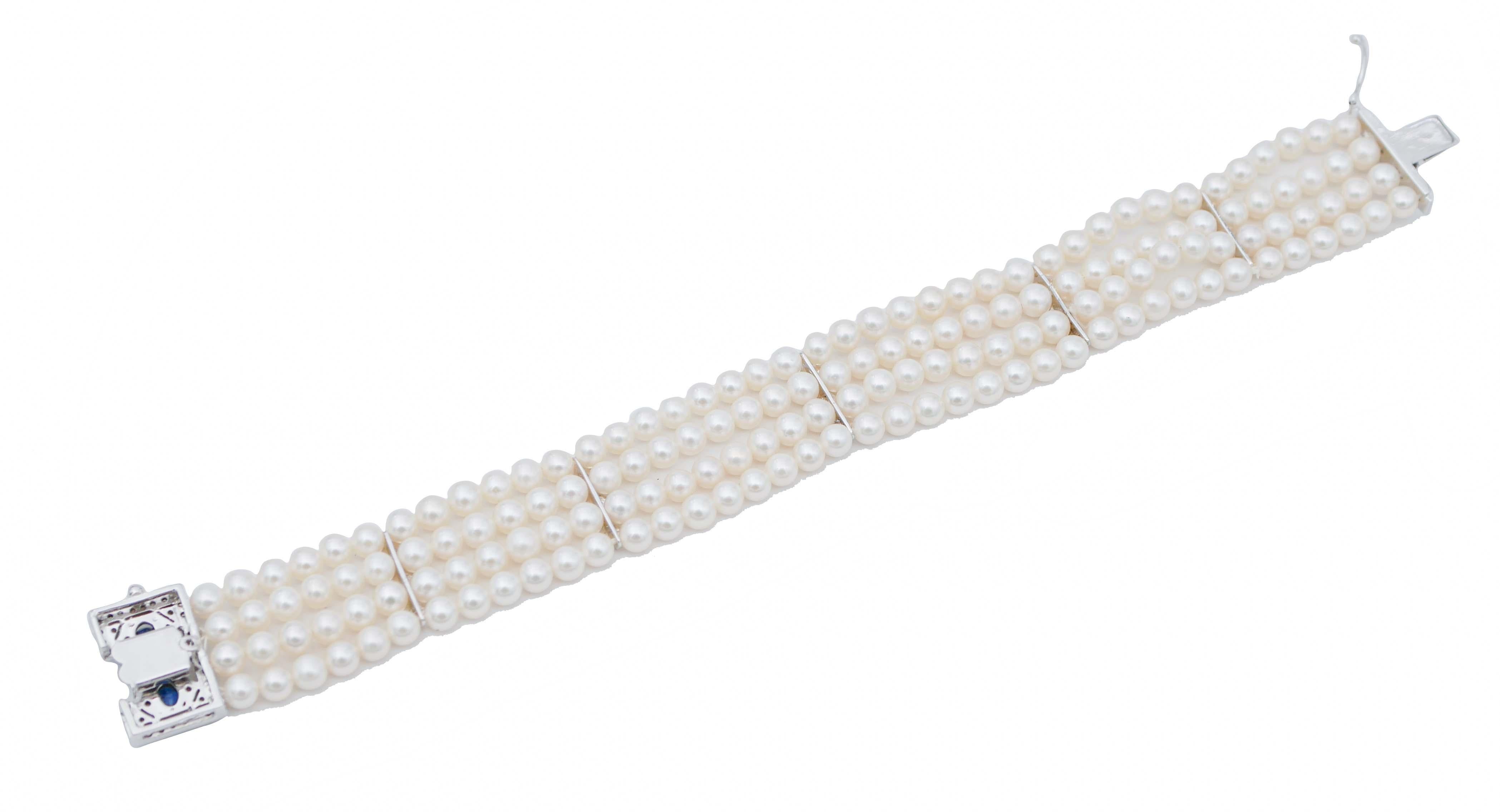 Retro Pearls, White Diamonds, Blue Sapphires, 14 Karat White Gold Beaded Retrò Bracelet