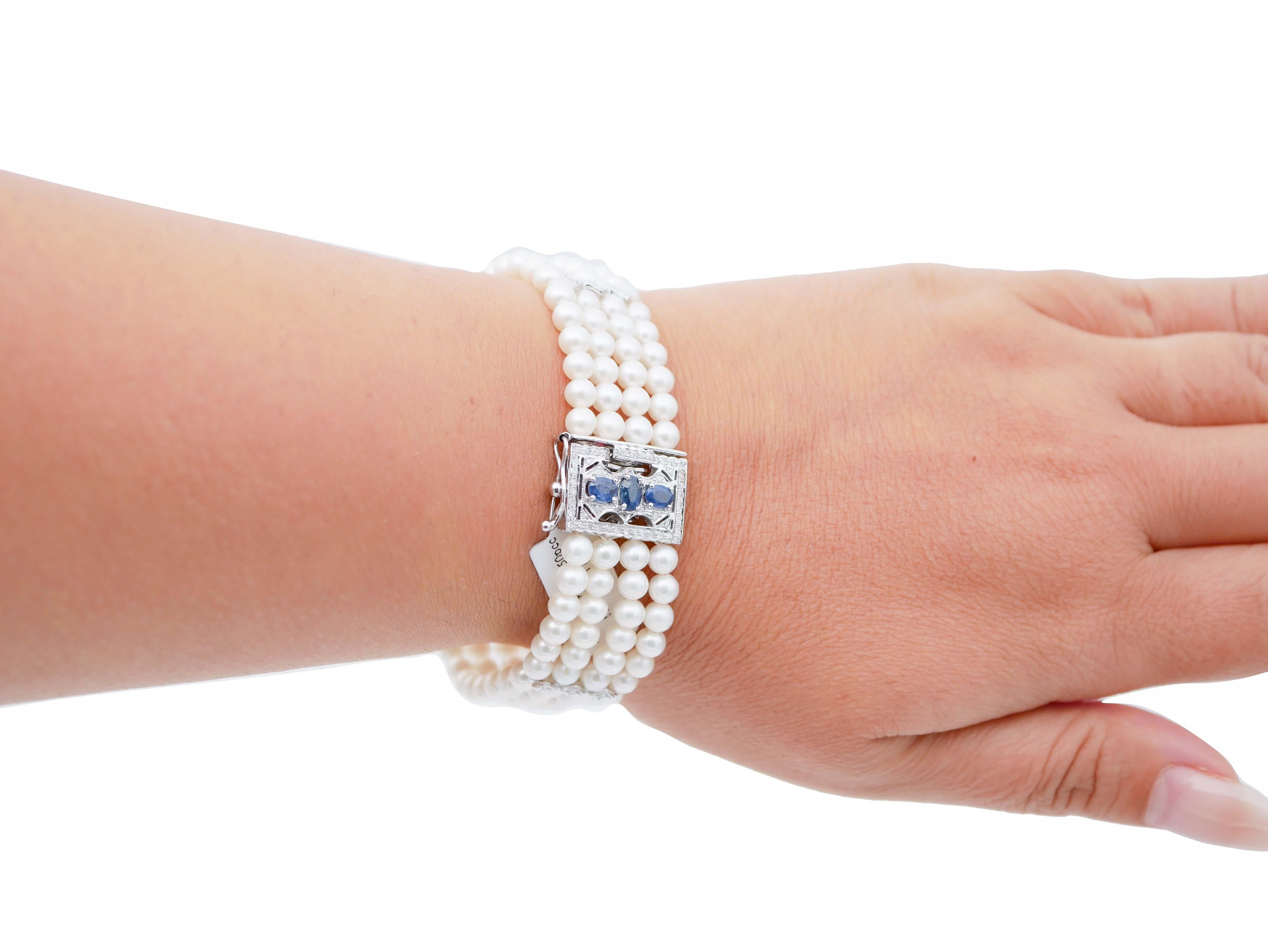 Taglio misto Perle, diamanti bianchi, zaffiri blu, bracciale Retrò con perline in oro bianco 14 carati