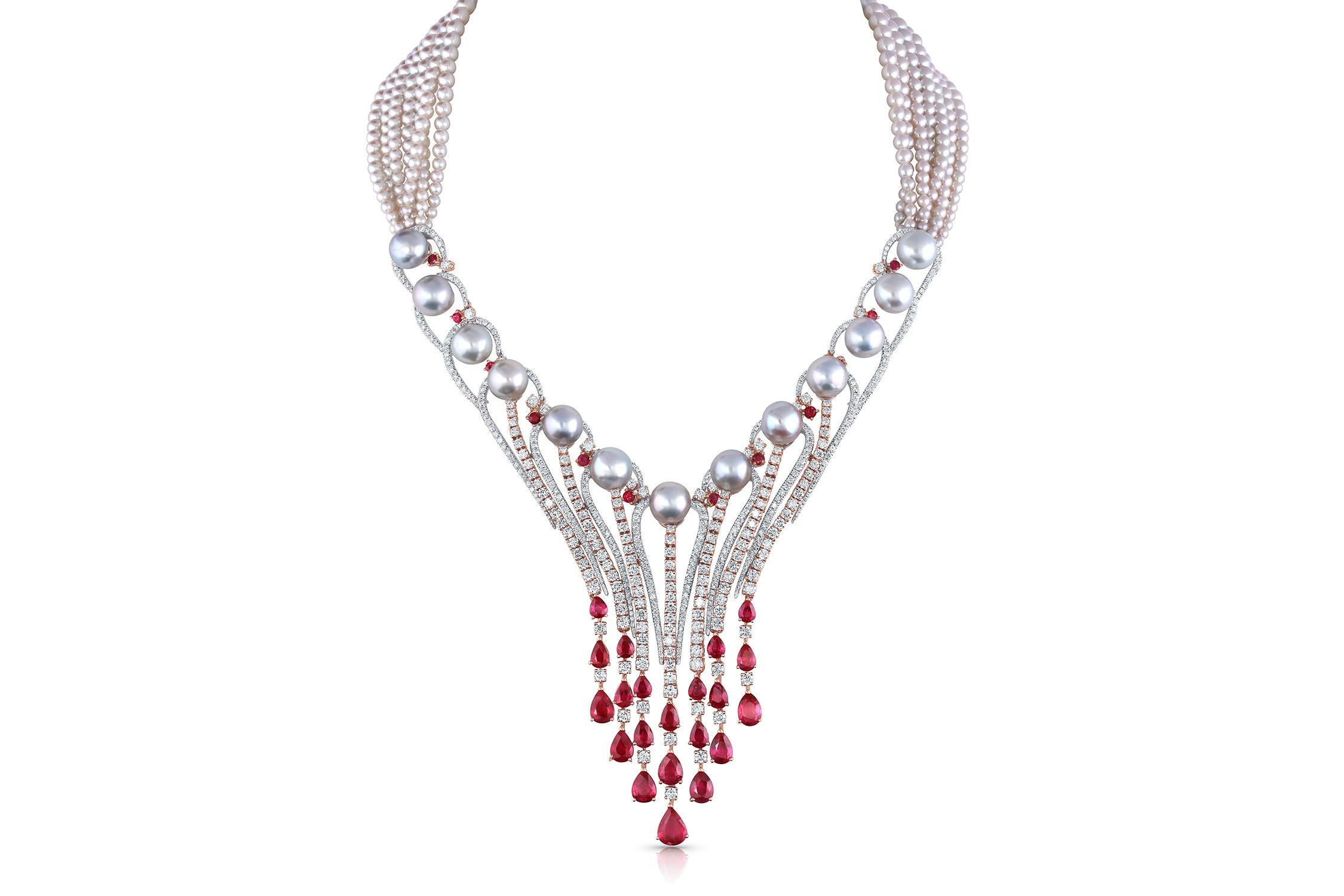Mixed Cut Pearls with Ruby and 18K Gold 
