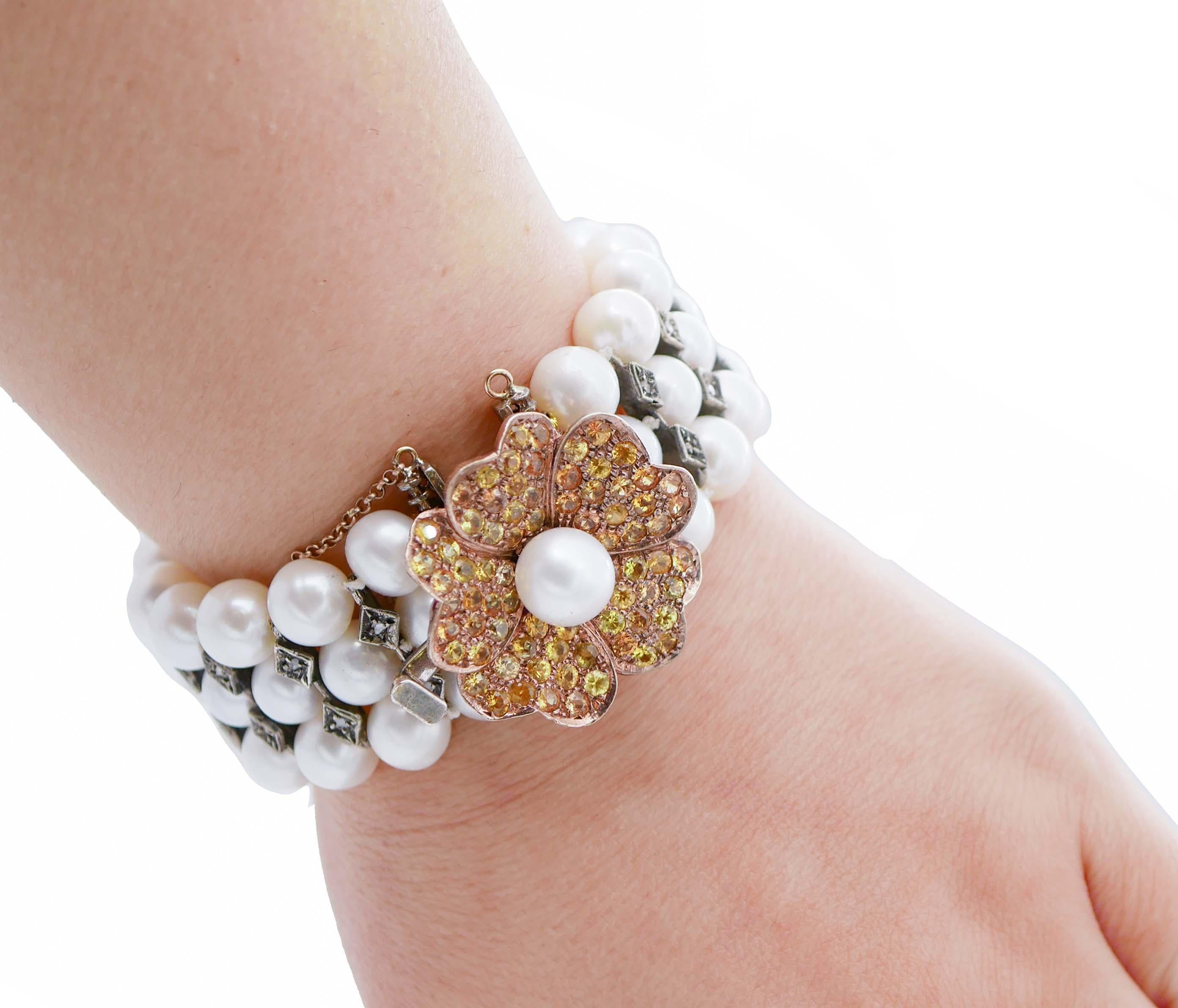 Pearls, Yellow Sapphires, Diamonds, Rose Gold and Silver Bracelet In New Condition In Marcianise, Marcianise (CE)