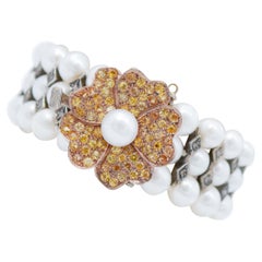 Pearls, Yellow Sapphires, Diamonds, Rose Gold and Silver Bracelet