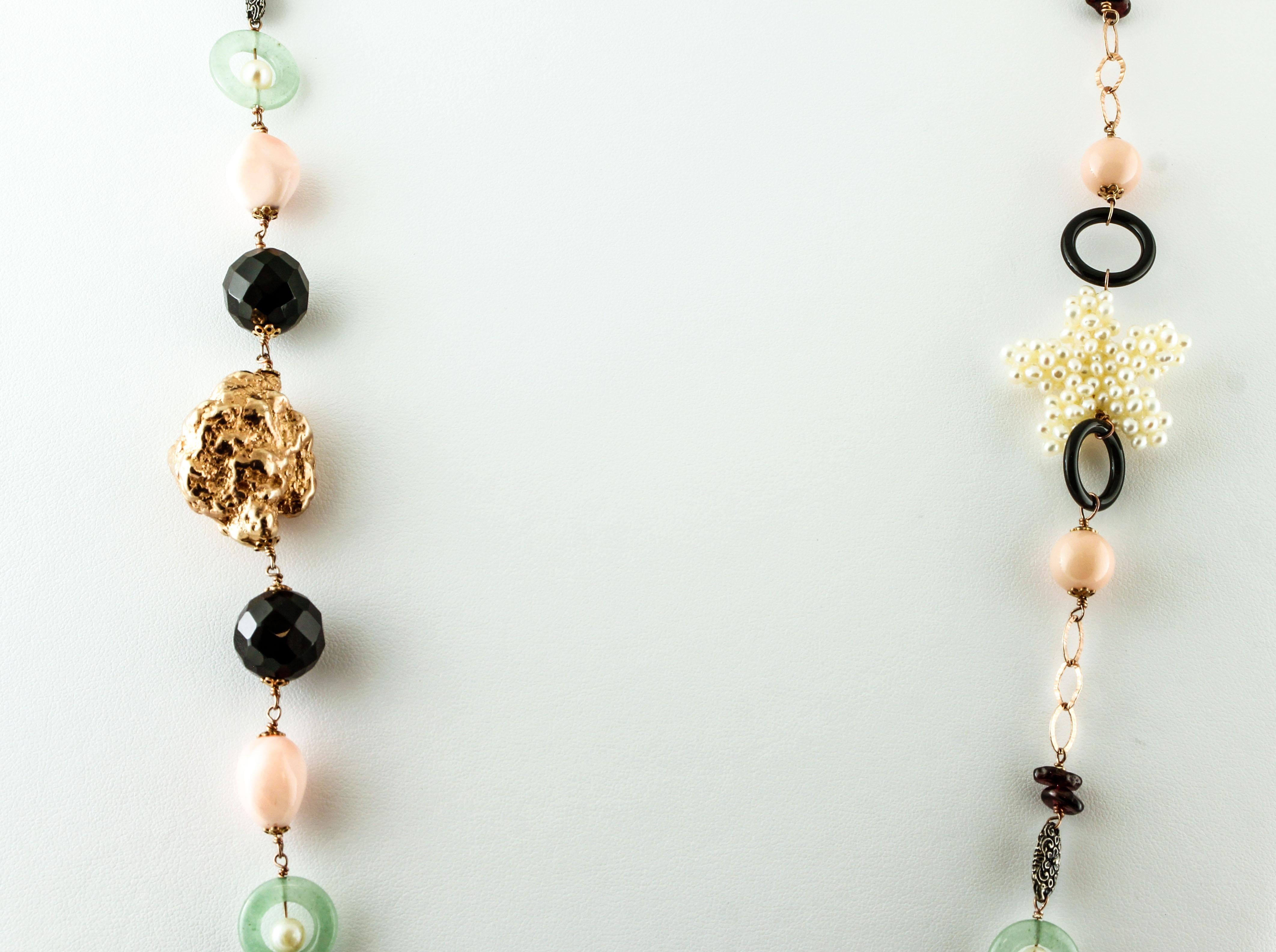 Retro Pearls, Agate, Garnets, 9 Karat Rose Gold and Silver Long Necklace For Sale