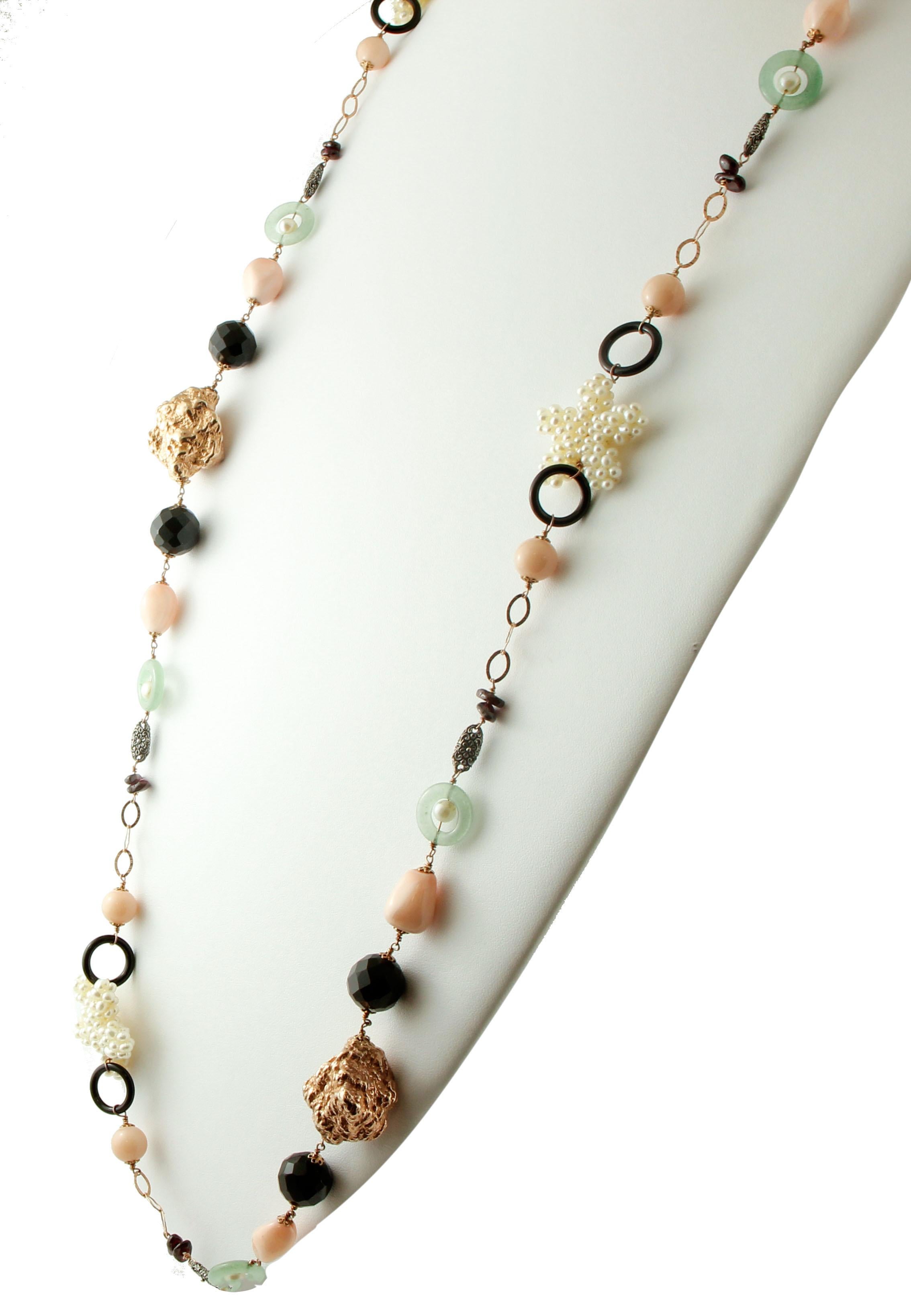 Round Cut Pearls, Agate, Garnets, 9 Karat Rose Gold and Silver Long Necklace For Sale
