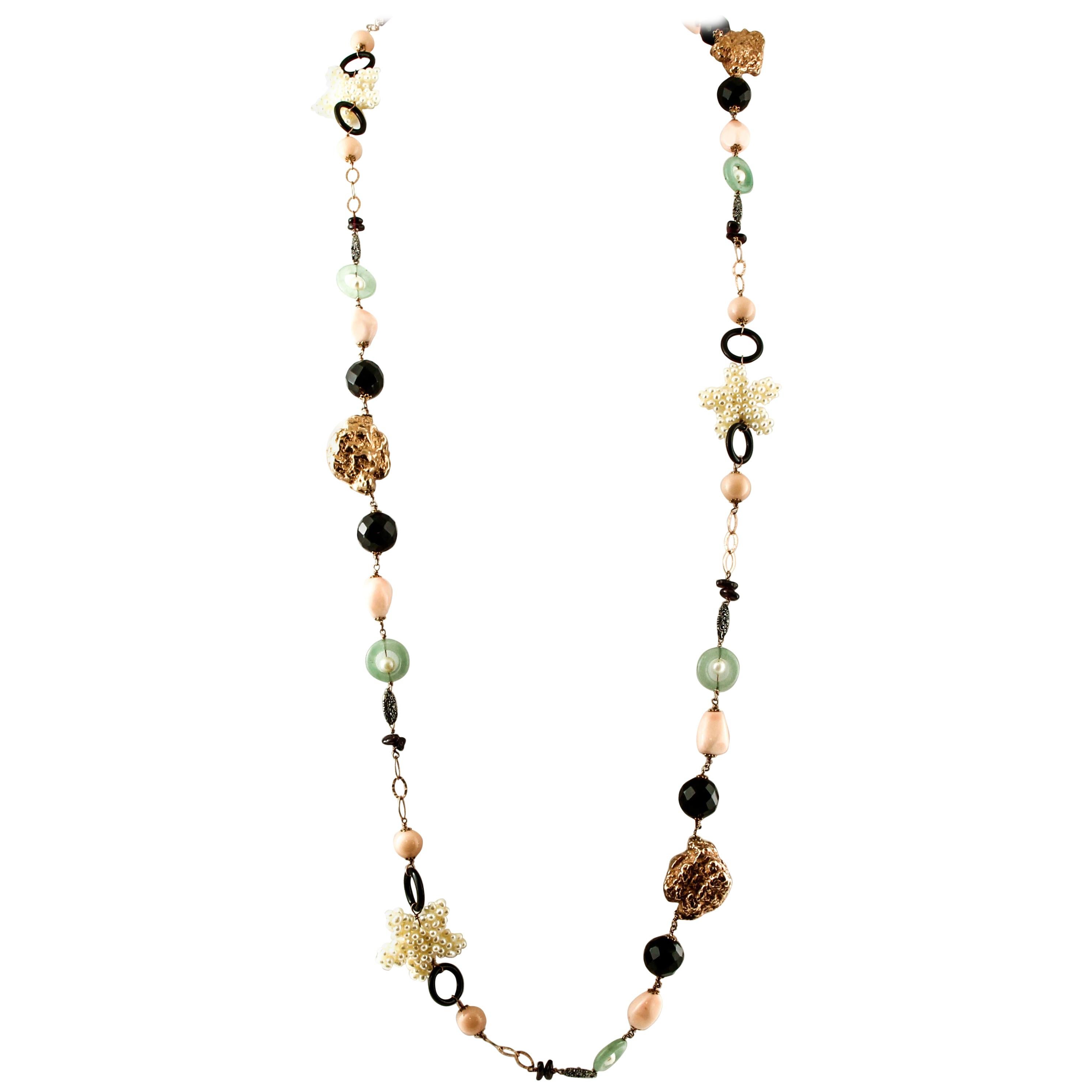 Pearls, Agate, Garnets, 9 Karat Rose Gold and Silver Long Necklace For Sale