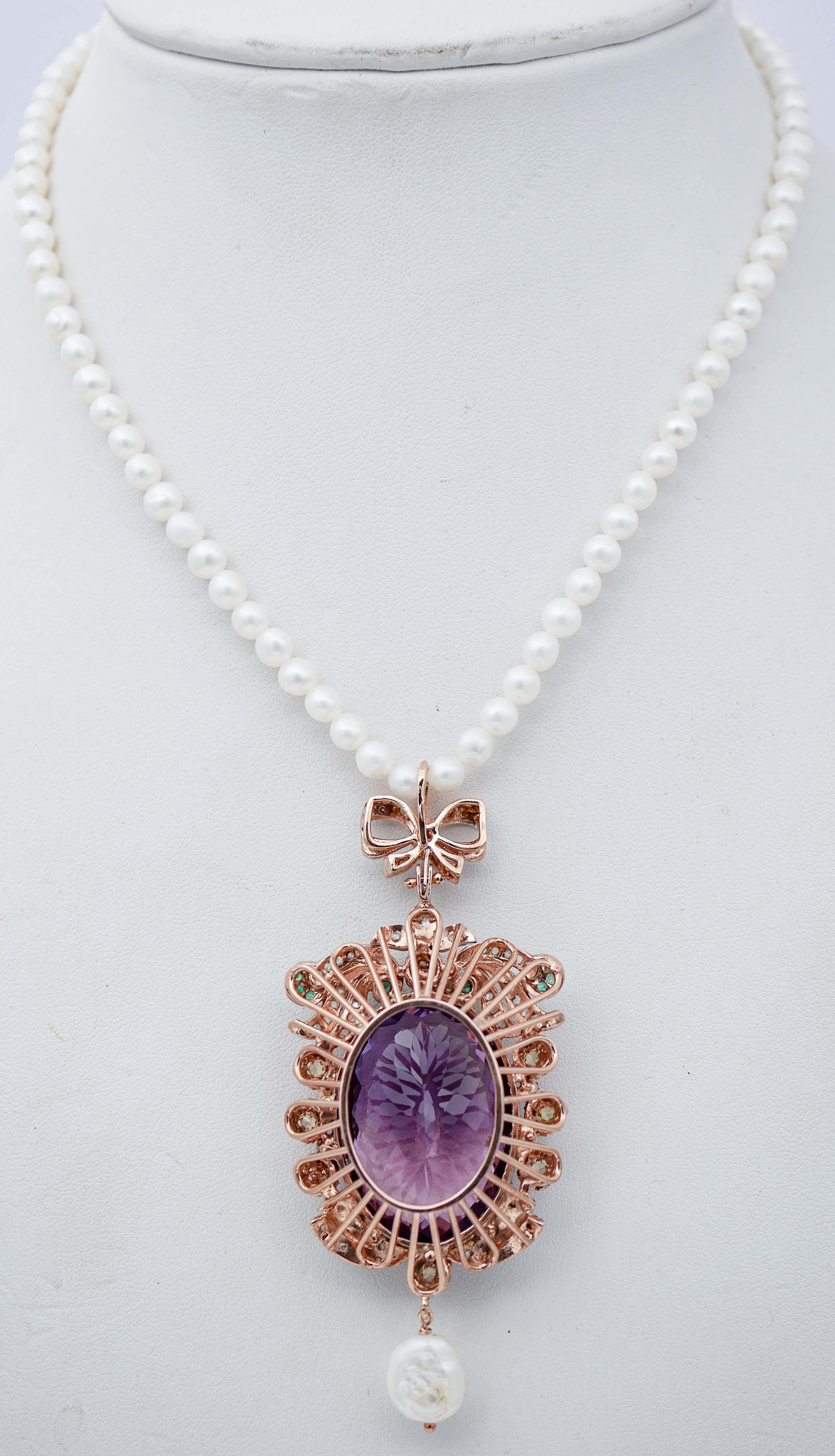 Retro Pearls, Amethyst, Emeralds, Diamonds, 14Kt Rose Gold and Silver Pendant Necklace