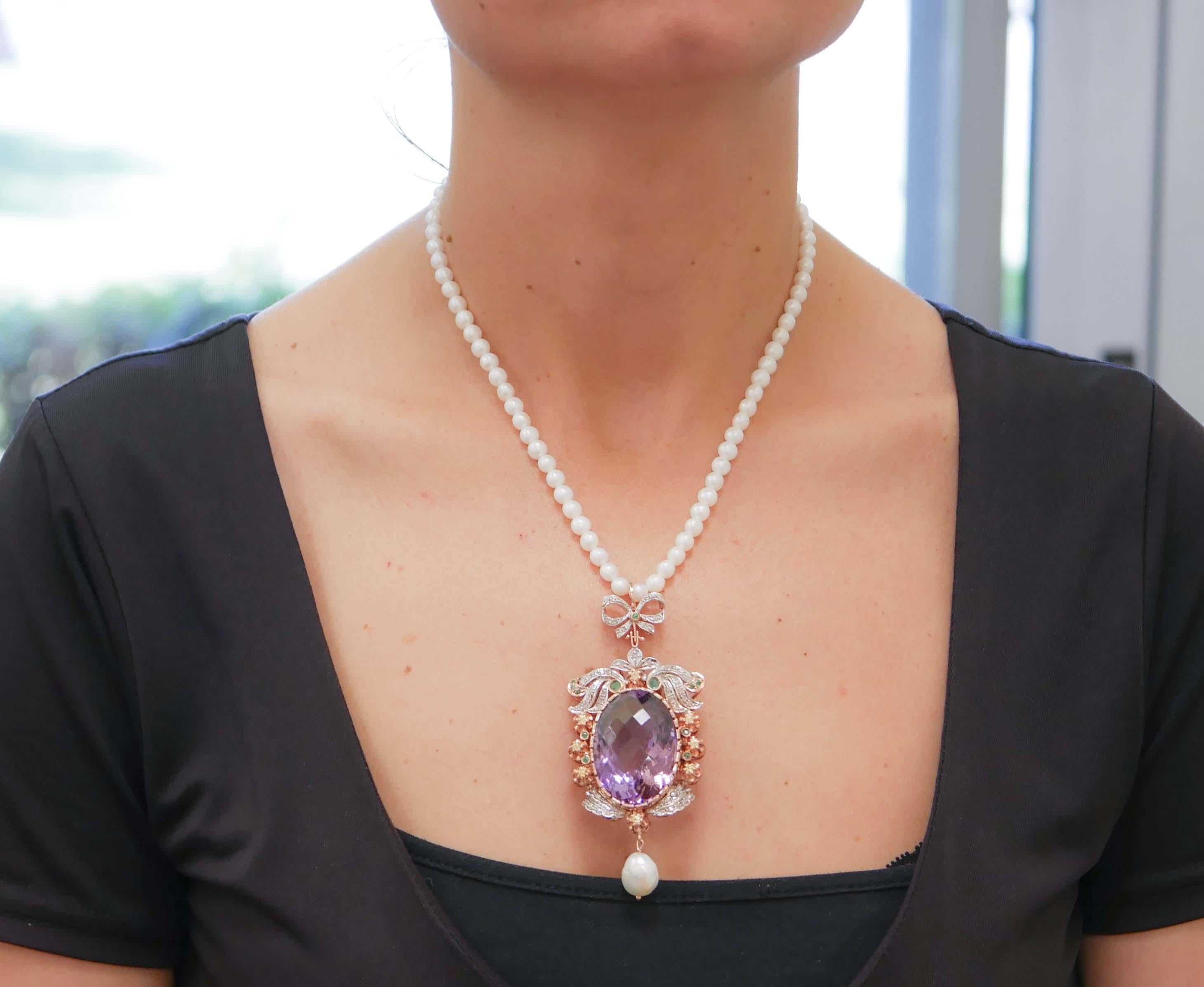 Mixed Cut Pearls, Amethyst, Emeralds, Diamonds, 14Kt Rose Gold and Silver Pendant Necklace