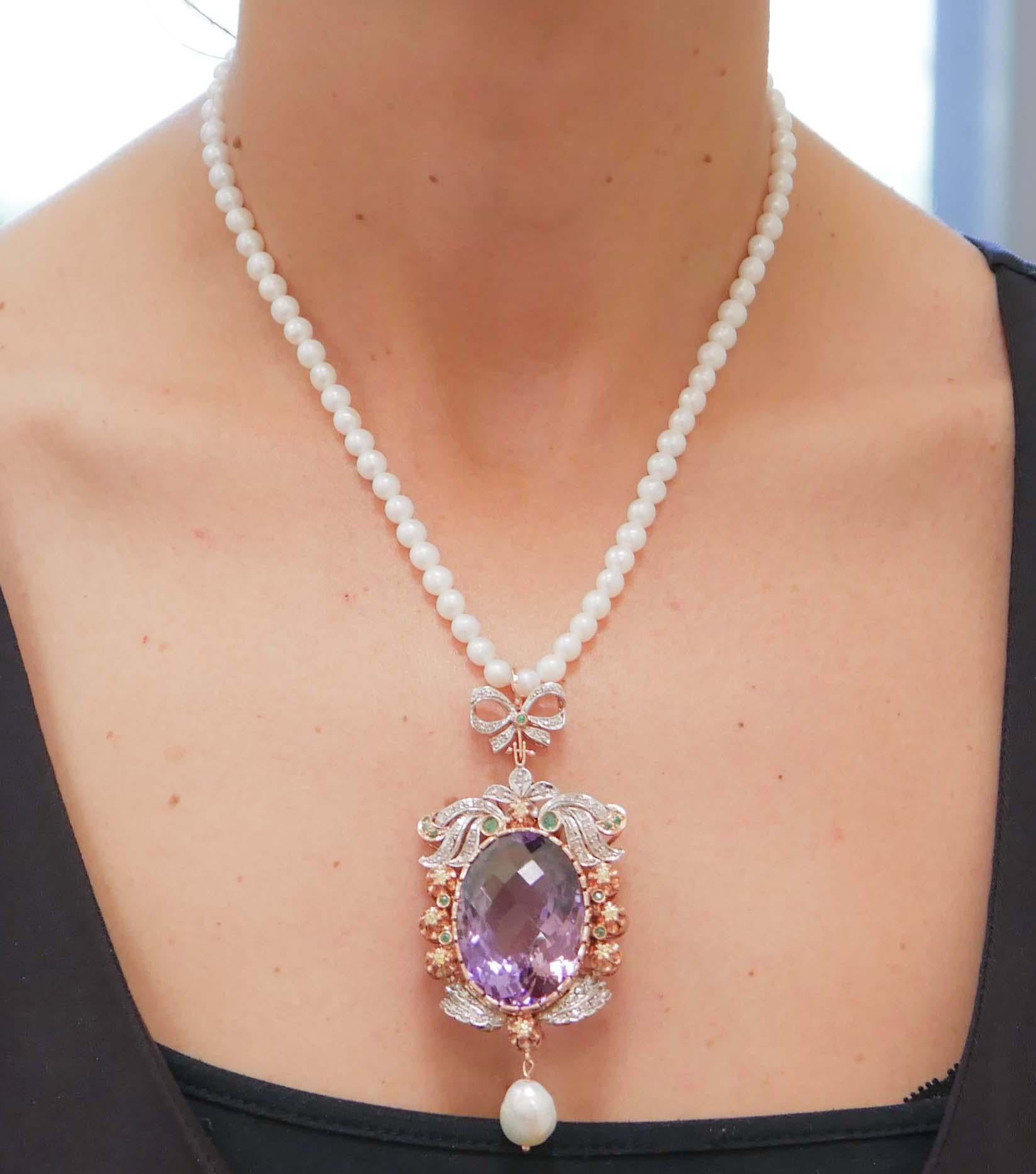 Pearls, Amethyst, Emeralds, Diamonds, 14Kt Rose Gold and Silver Pendant Necklace In Good Condition In Marcianise, Marcianise (CE)