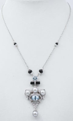Pearls, Aquamarine, Diamonds, Onyx, Platinum Pendant Necklace