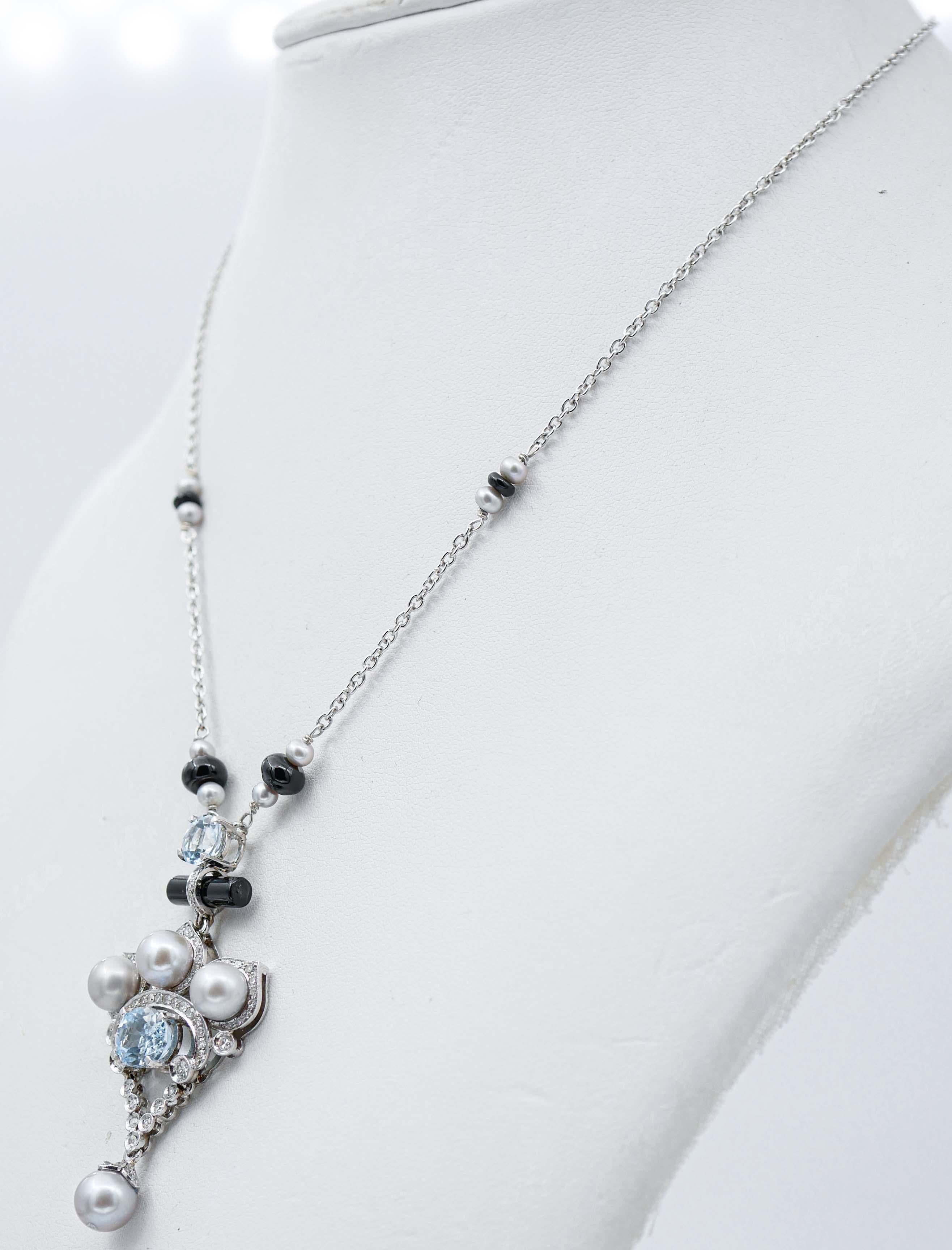 Retro Pearls, Aquamarine, Diamonds, Onyx, Platinum Pendant Necklace For Sale