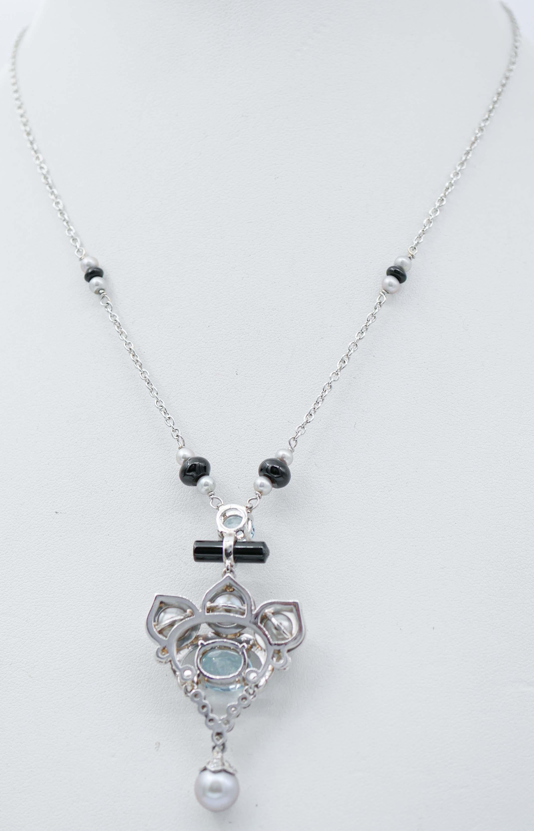 Mixed Cut Pearls, Aquamarine, Diamonds, Onyx, Platinum Pendant Necklace For Sale