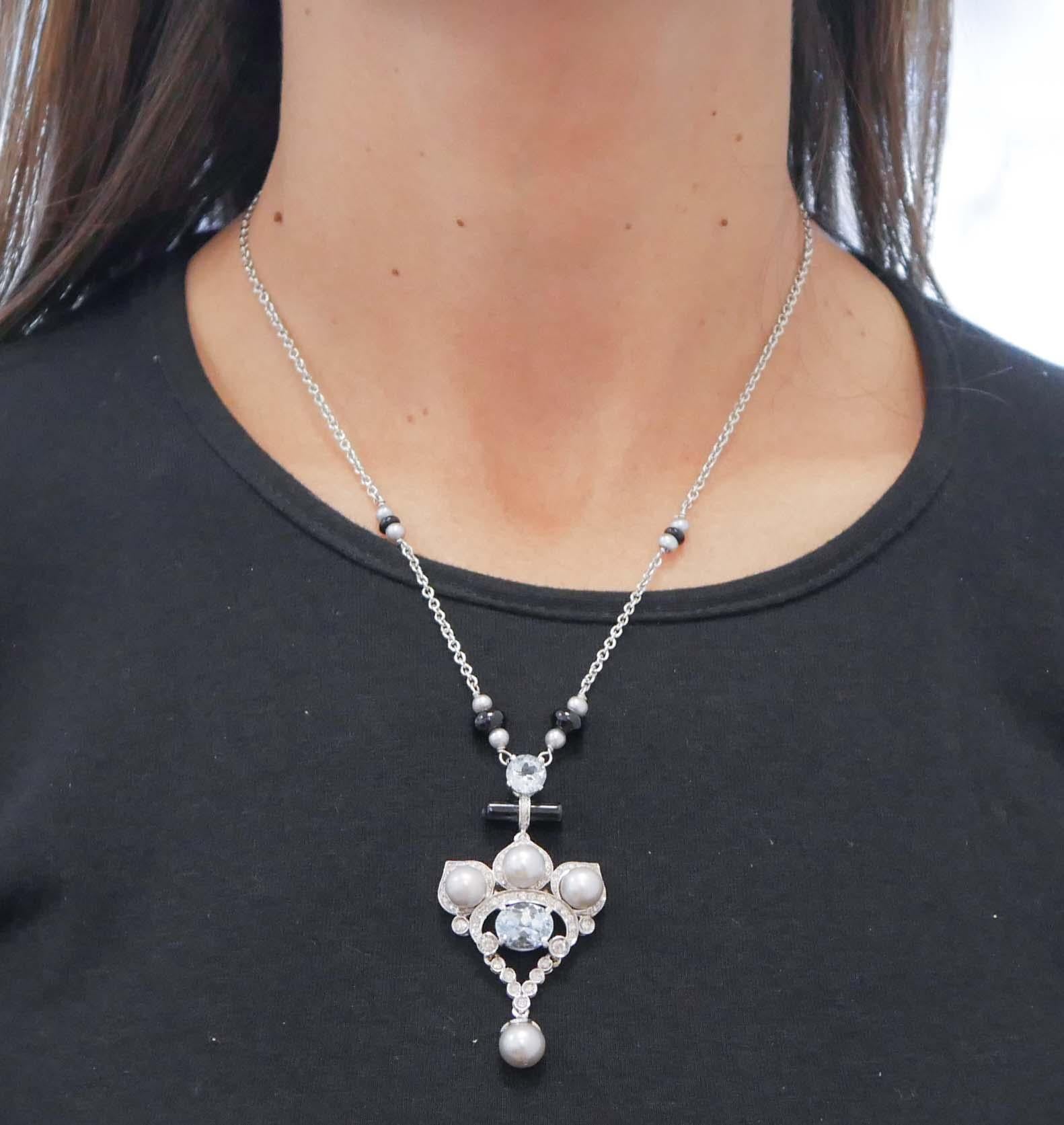 Women's Pearls, Aquamarine, Diamonds, Onyx, Platinum Pendant Necklace For Sale