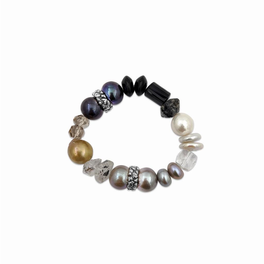 Artisan Pearls, Black Agate, Diamond, Rock Crystal, Smoky Quartz Bracelet  For Sale