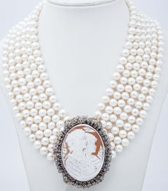 Pearls, Cameo, Sapphires, Rubies, Diamonds, Stones, Gold and Silver Necklace