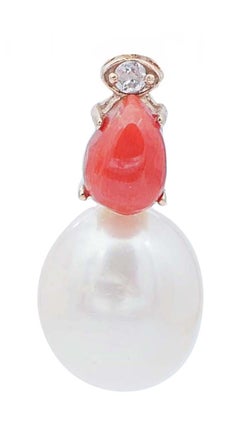 Pearls, Coral, Diamonds, 14 Karat Rose Gold Big Earrings
