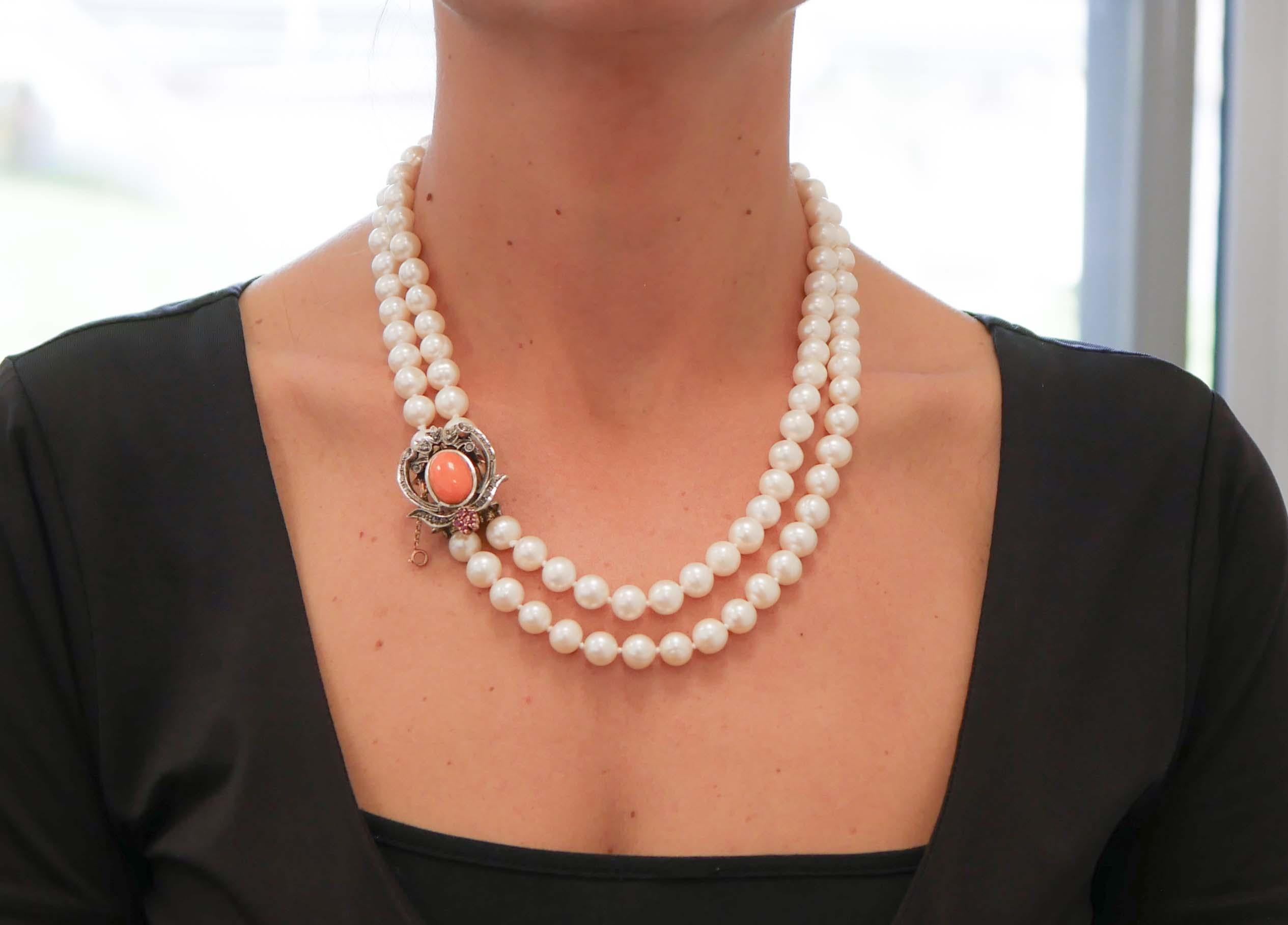 Collier en or rose 14 carats, perles, corail, rubis, diamants Pour femmes en vente