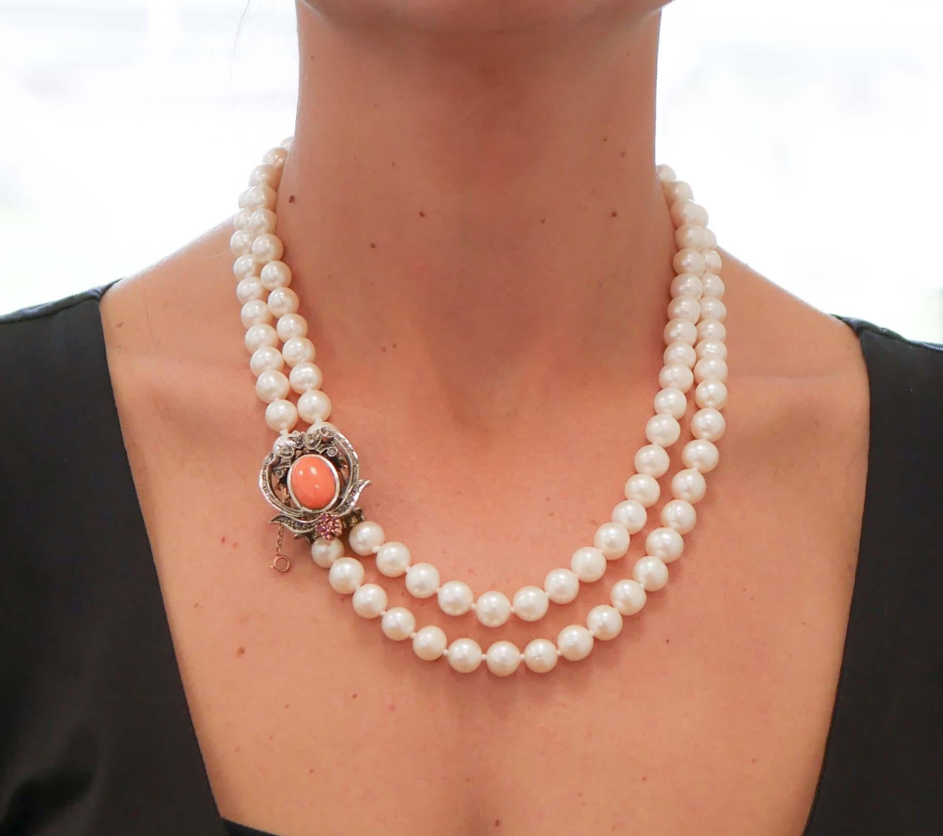 Pearls, Coral, Rubies, Diamonds, 14 Karat Rose Gold and Silver Necklace In Good Condition For Sale In Marcianise, Marcianise (CE)