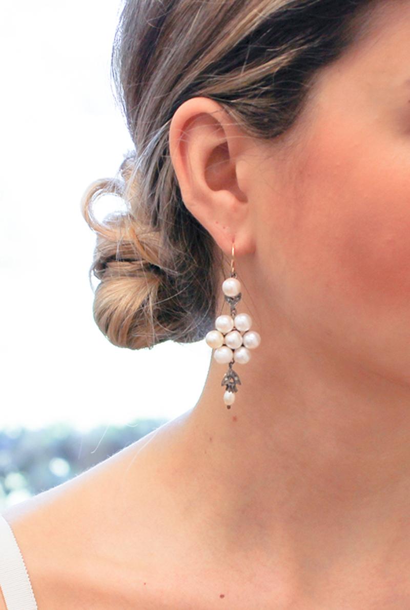 Women's Pearls, Diamonds, 14 Karat Rose Gold and Silver Dangle Earrings