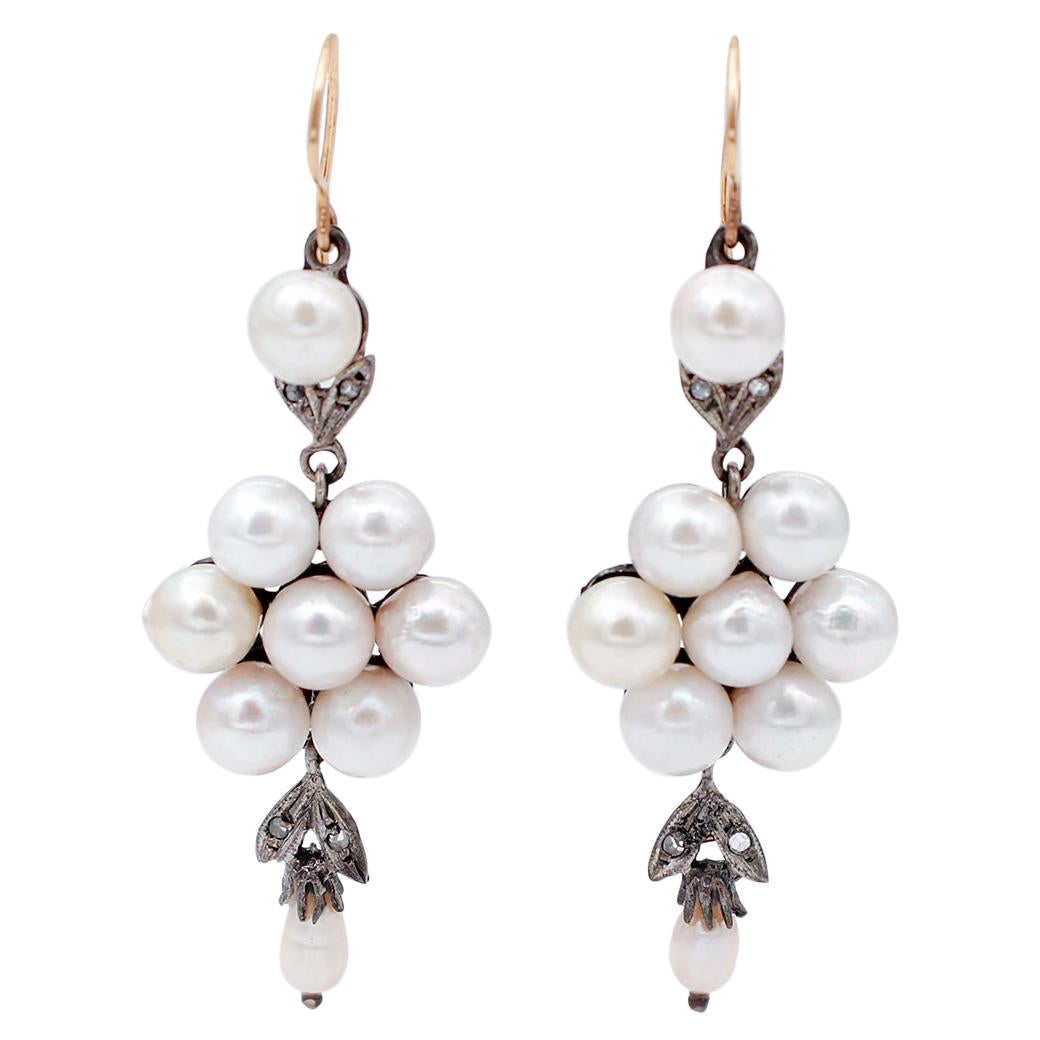 Pearls, Diamonds, 14 Karat Rose Gold and Silver Dangle Earrings