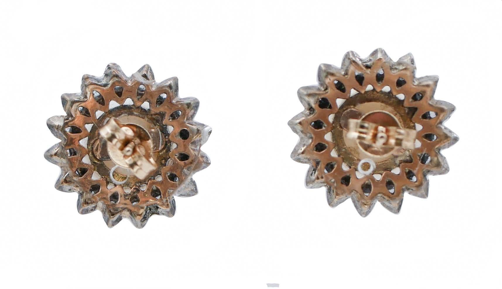 Ohrringe aus 14 Karat Roségold mit Perlen, Diamanten und Silber (Retro) im Angebot